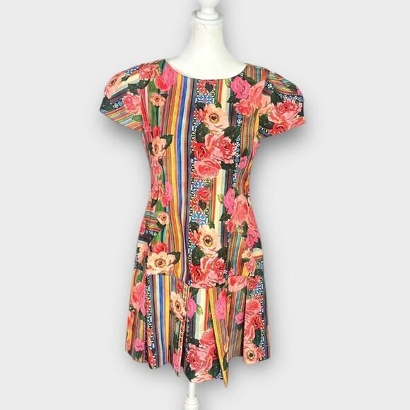 PatBO Dresses & Skirts - PatBo‎ Fit and Flare Mini Dress 42/Med Multicolor Silk Blend Floral Striped NWT